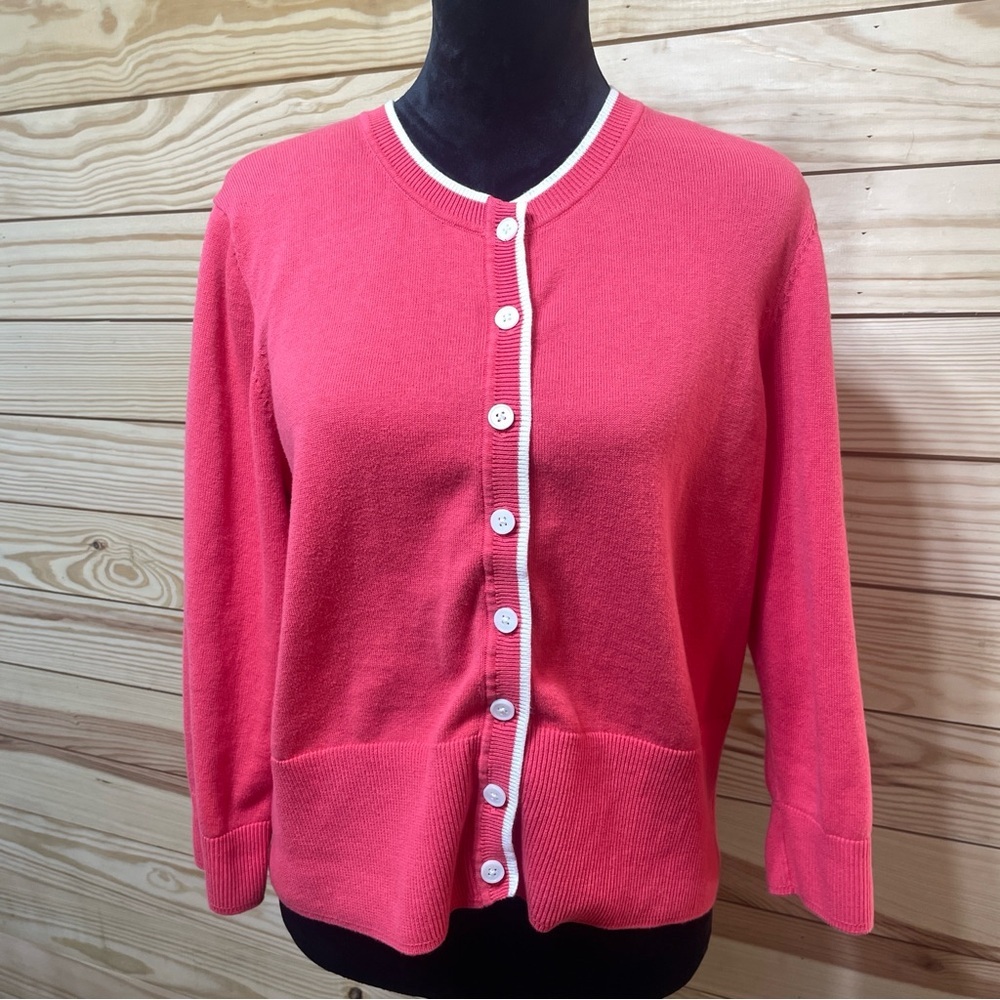 Liz Claiborne Cardigan Hot Pink White Stripe Trim Womens XL X Large